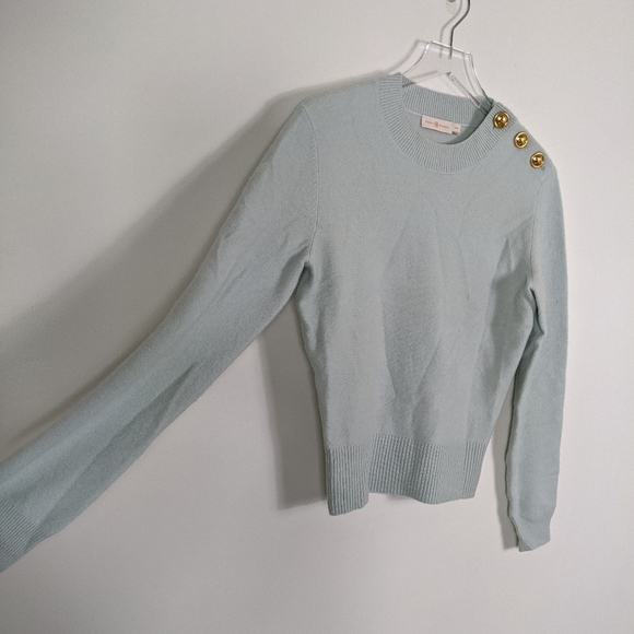 Tory Burch Seafoam Green Wool Blend Crew Neck Button Accent Sweater Medium - Picture 5 of 8